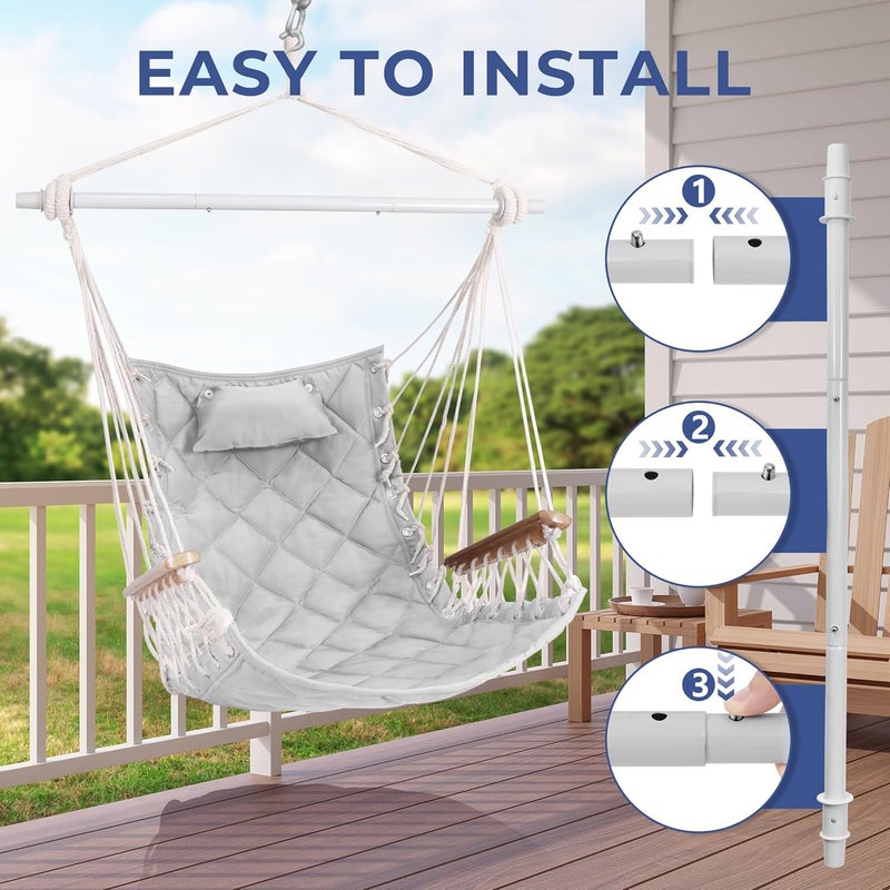 ROOITY Hammock Chair Hanging Swing with Wooden Armrests;Steel Spreader Bar,Pillows,Hardware kit Included;Cotton Woven Fabric;Up to 350 Lbs,for Indoor Light Grey - Image 5